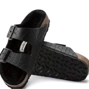 RARE Birkenstock Arizona Croco Black Croc-Embossed Leather Shearling SZ 41/ 10